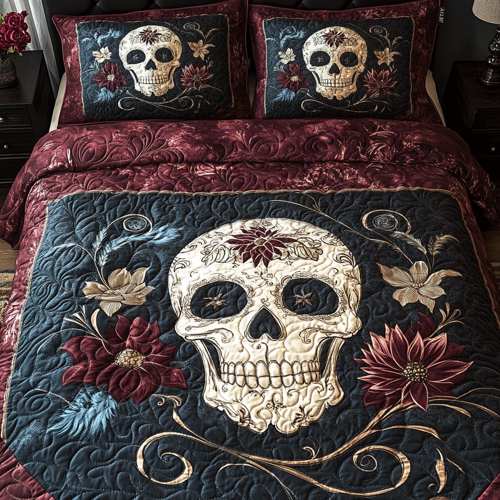 Midnight Skull Bloom quilted 3-piece bedding set on a made bed against a dark styled interior