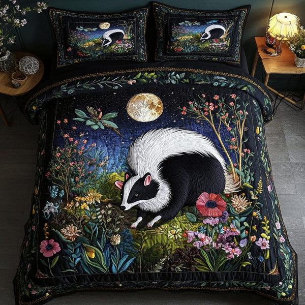 Midnight Skunk quilted 3-piece bedding set on a made bed with two matching pillow shams