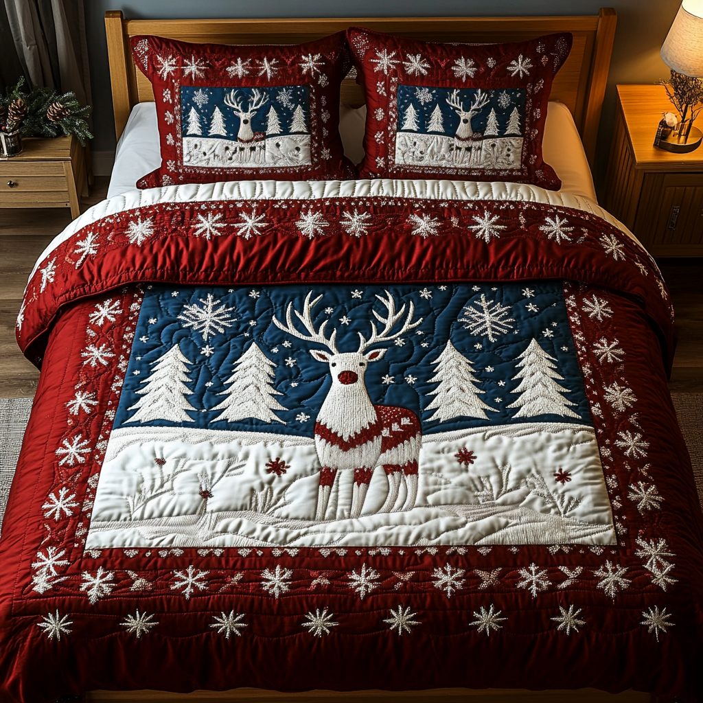 Midnight Stag quilted 3-piece bedding set on a made bed with two matching pillow shams