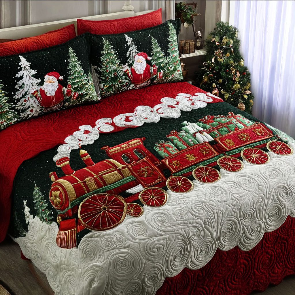 Midnight Train quilted 3-piece bedding set on a made bed with two matching pillow shams