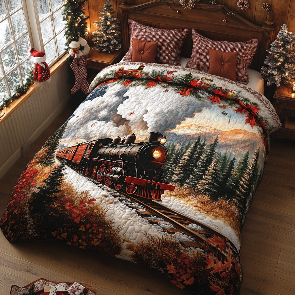 Midnight Train to Noel quilted 3-piece bedding set on a made bed in a winter-styled bedroom