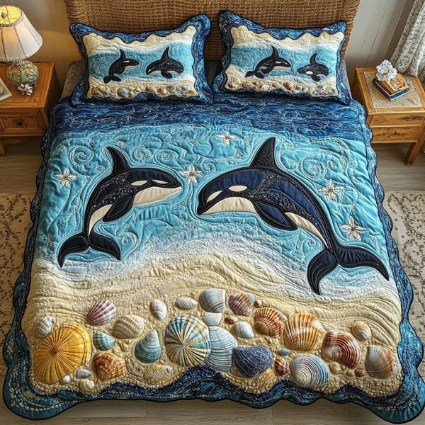 Midnight Voyager quilted 3-piece bedding set on a made bed with two matching pillow shams