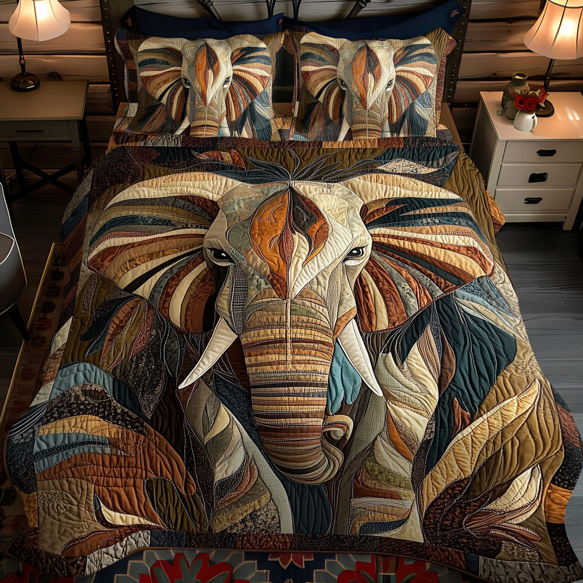 Midnight Wanderer quilted 3-piece bedding set on a made bed with two matching pillow shams