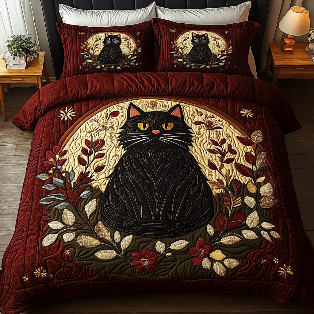 Midnight Whiskers quilted 3-piece bedding set on a made bed with two matching pillow shams