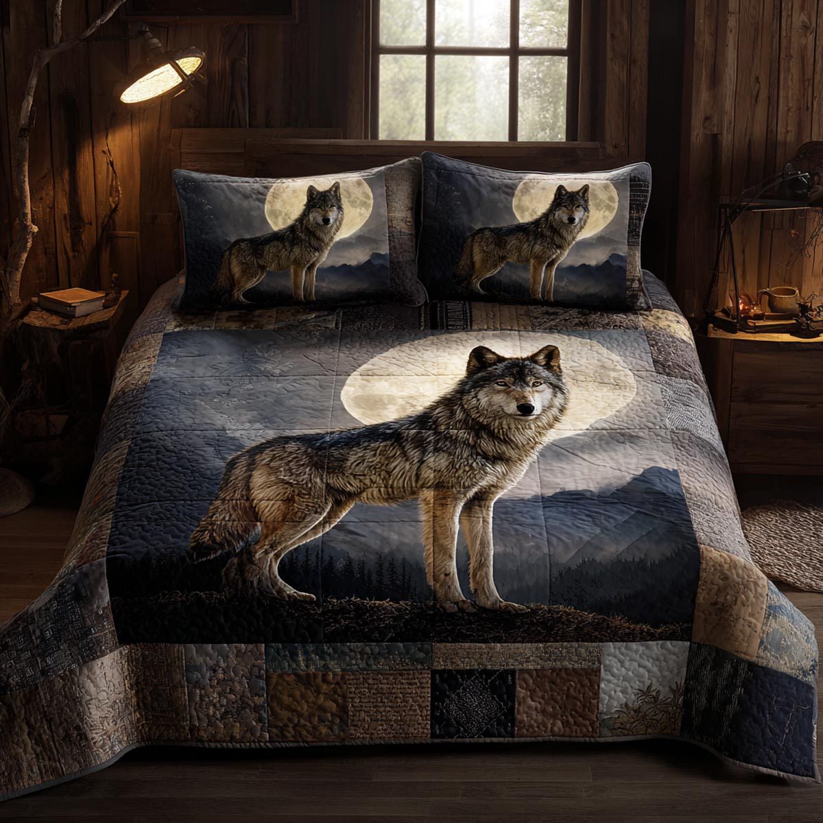 Midnight Wolf quilted 3-piece bedding set on a made bed with two matching pillow shams