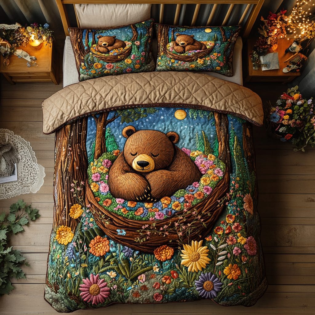Mighty Bear quilted 3-piece bedding set on a made bed with two matching pillow shams