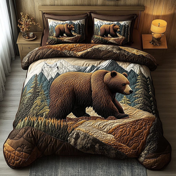 Mighty Bear quilted 3-piece bedding set on a made bed with two matching pillow shams