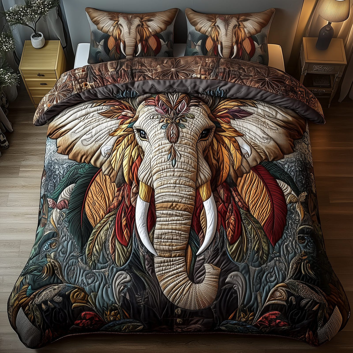Mighty Elephant quilted 3-piece bedding set on a made bed with two matching pillow shams