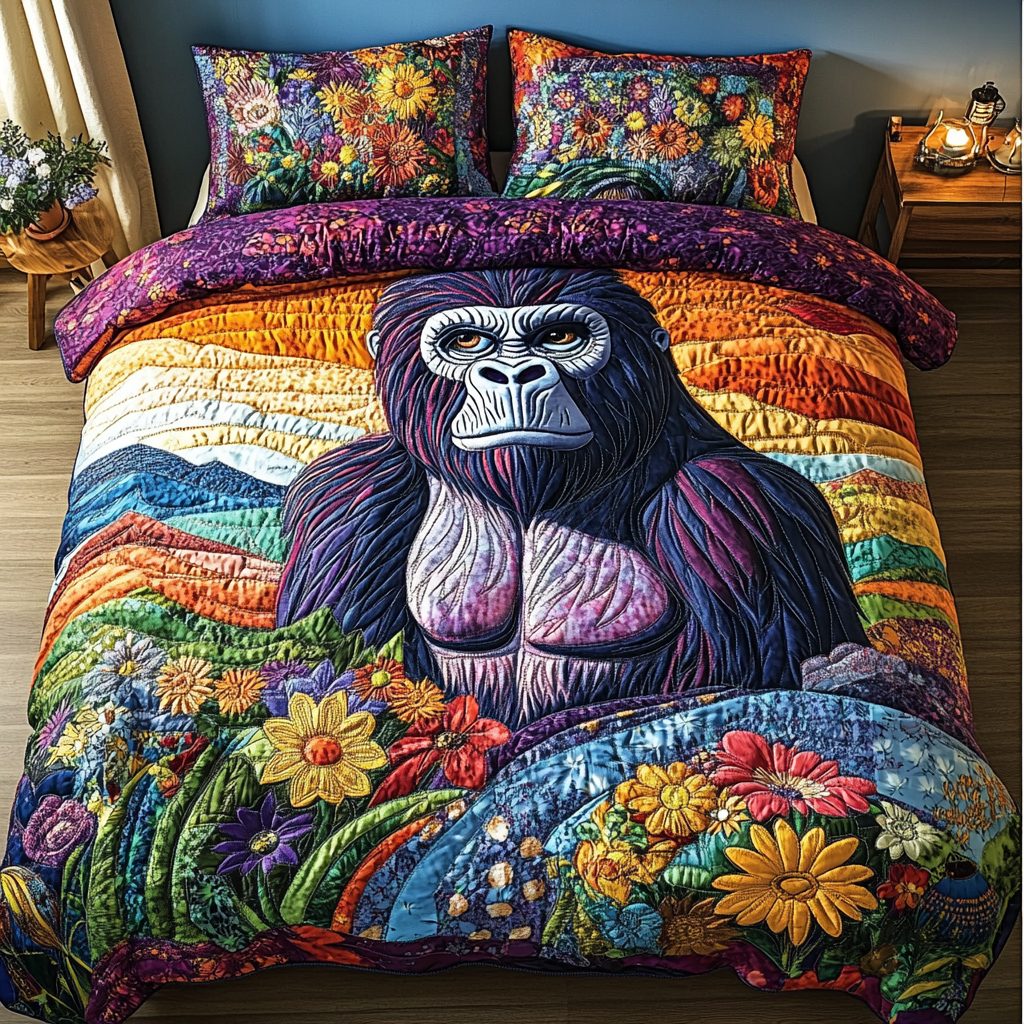 Mighty Gorilla quilted 3-piece bedding set on a made bed with two matching pillow shams