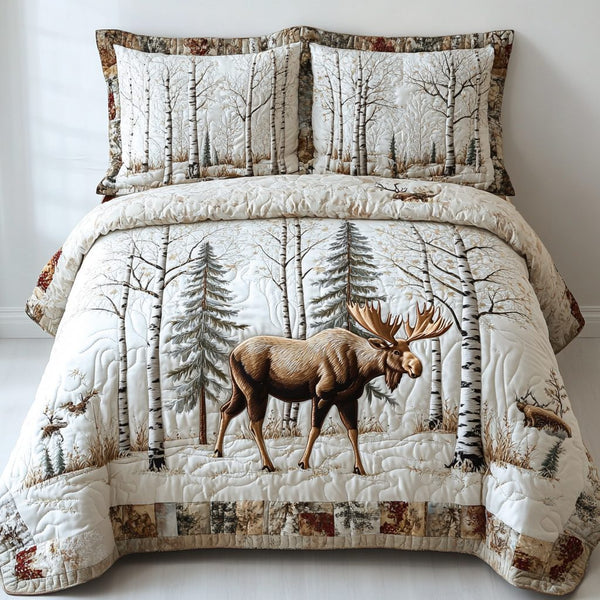 Mighty Moose quilted 3-piece bedding set on a made bed with two matching pillow shams