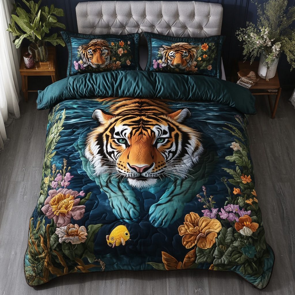 Mighty Tiger quilted 3-piece bedding set on a made bed with two matching pillow shams