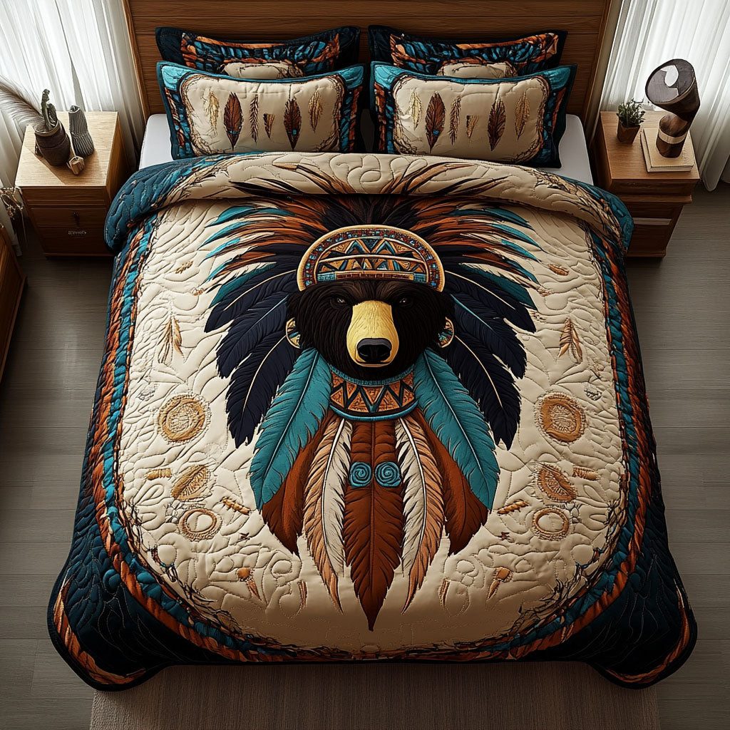 Mighty Totem Bear quilted 3-piece bedding set on a made bed with two matching pillow shams