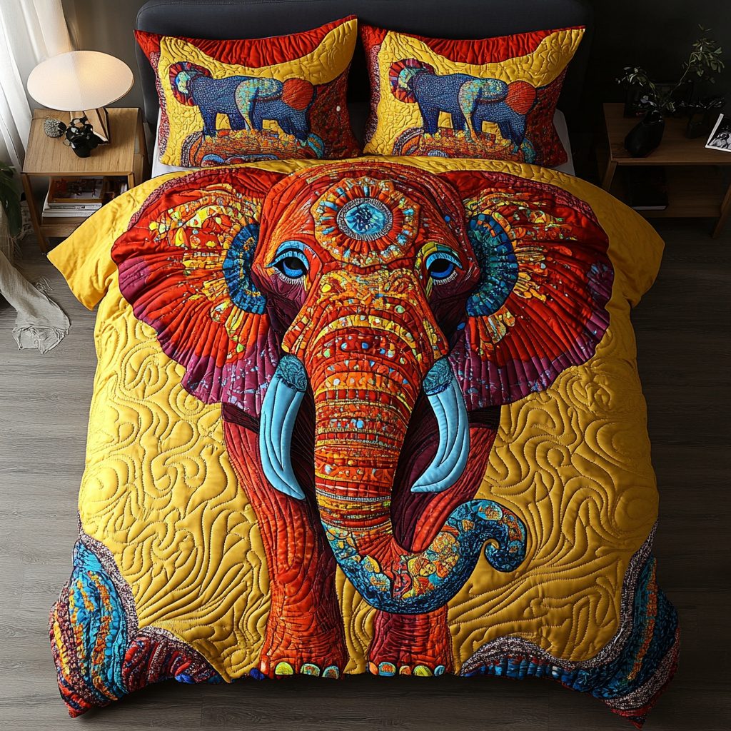 Mighty Trunk quilted 3-piece bedding set on a made bed with two matching pillow shams