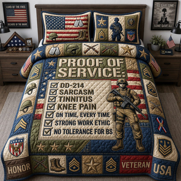 Military Proof Of Service quilted 3-piece bedding set on a made bed in a warmly lit bedroom