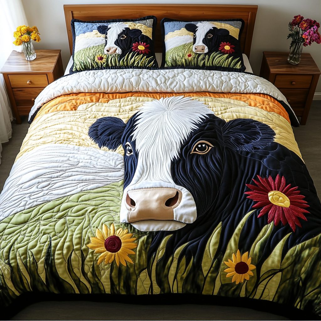 Milk Meadow quilted 3-piece bedding set on a made bed with two matching pillow shams