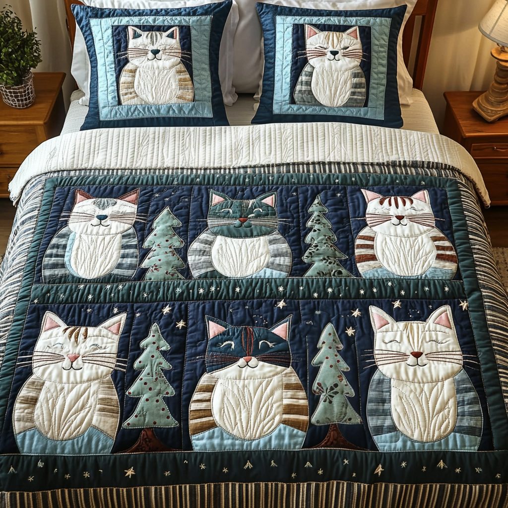 Milky Way Meows quilted 3-piece bedding set on a made bed with two matching pillow shams