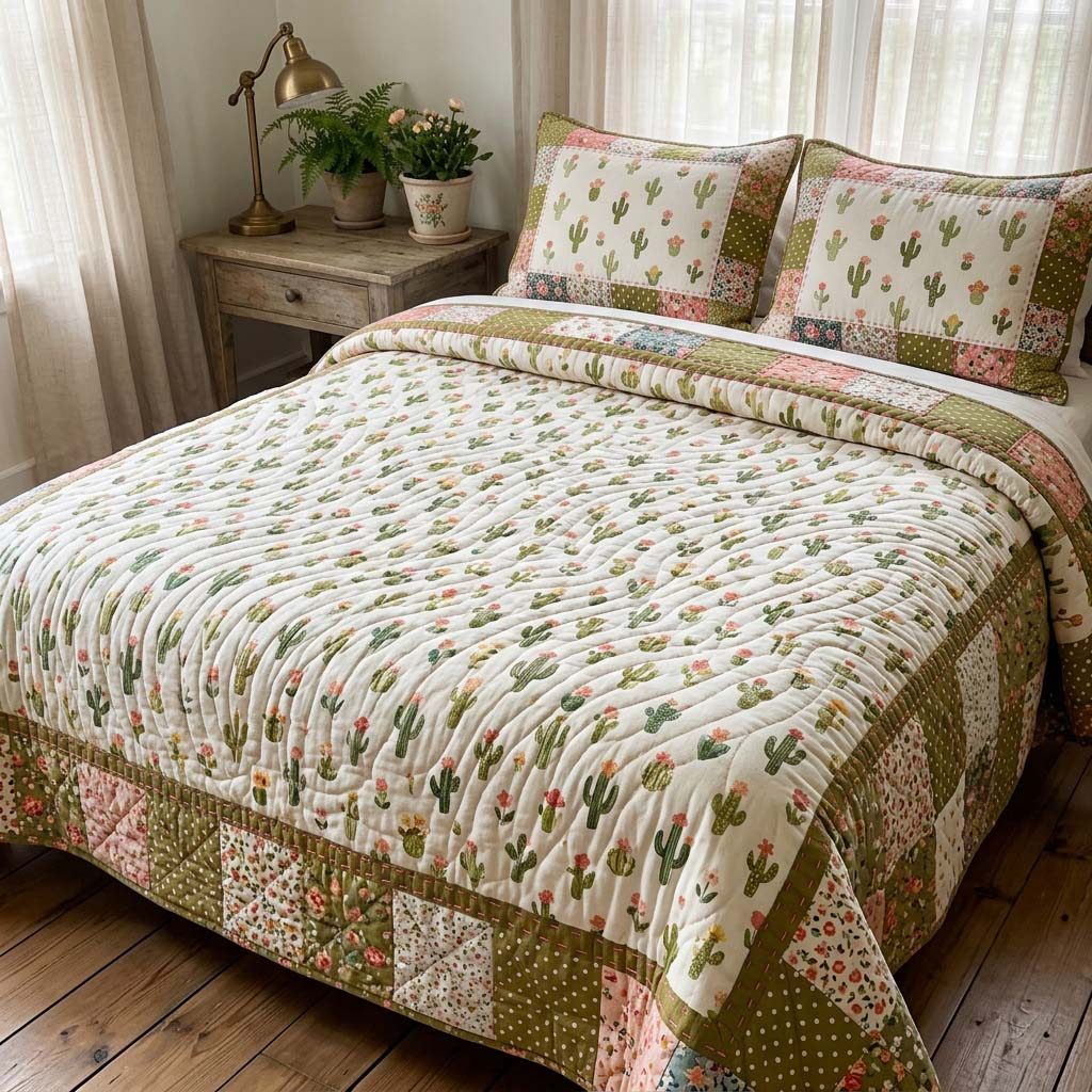 Mini Cactus Garden quilted 3-piece bedding set on a made bed with two matching pillow shams
