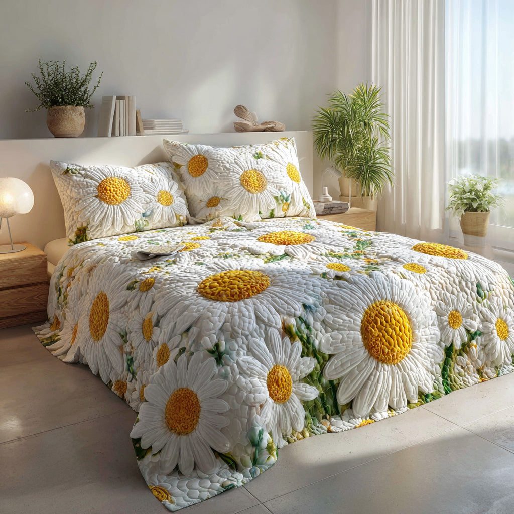 Minimal Daisy Bloom quilted 3-piece bedding set on a made bed with two matching pillow shams