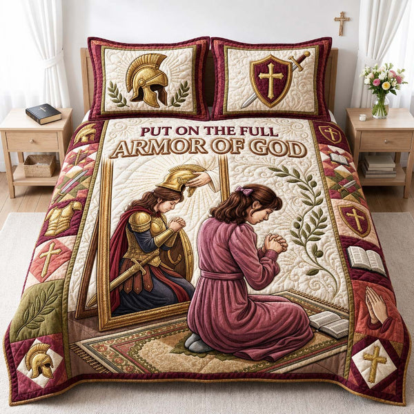 Mirror Of Prayer quilted 3-piece bedding set on a made bed in a softly lit bedroom