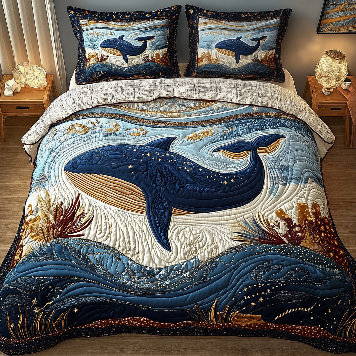 Mistique Whale quilted 3-piece bedding set on a made bed in a light coastal bedroom