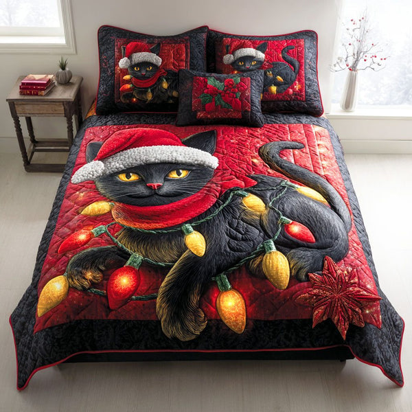Mistletoe Cat quilted 3-piece bedding set on a made bed in a winter-styled bedroom