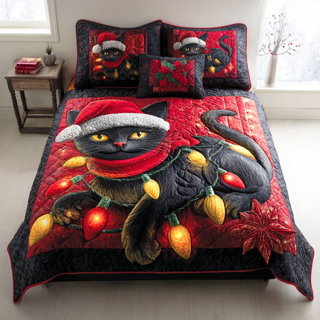 Mistletoe Cat quilted 3-piece bedding set on a made bed in a winter-styled bedroom