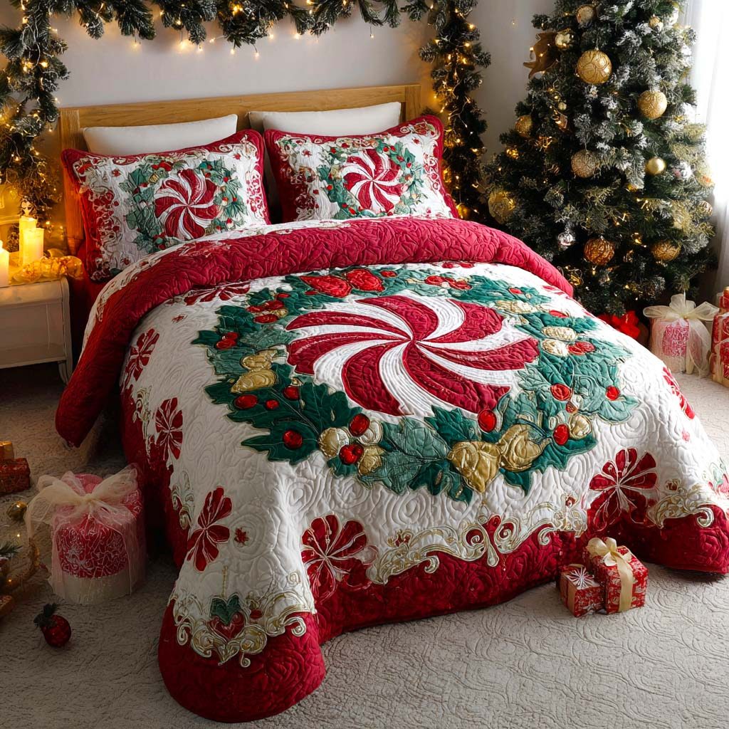 Mistletoe Magic Bow quilted 3-piece bedding set on a made bed in a winter-styled bedroom