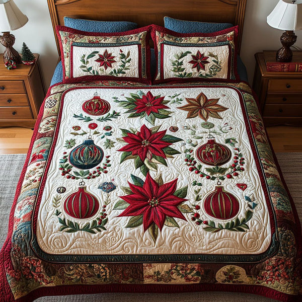 Mistletoe Magic quilted 3-piece bedding set on a made bed in a winter-styled bedroom