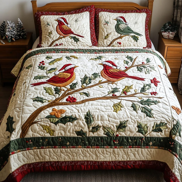Mistletoe Melody quilted 3-piece bedding set on a made bed in a winter-styled bedroom