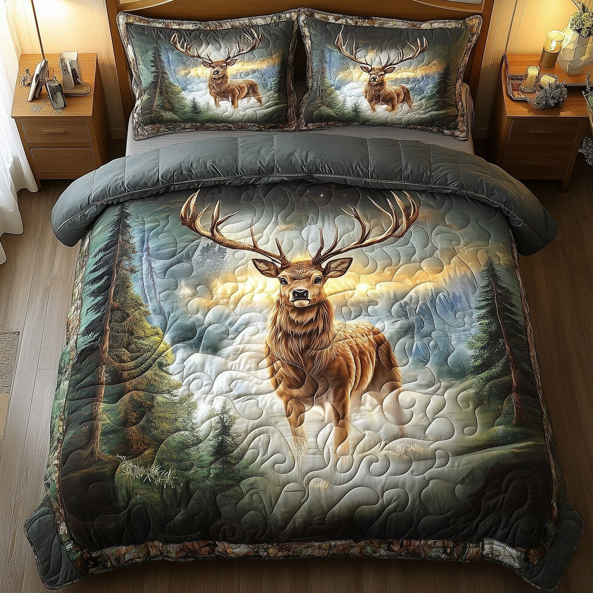 Misty Forest Deer quilted 3-piece bedding set on a made bed with two matching pillow shams