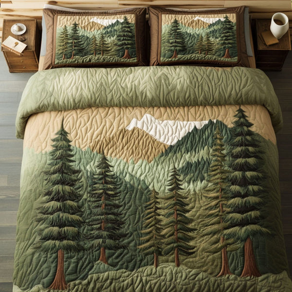 Misty Mountains quilted 3-piece bedding set on a made bed with two matching pillow shams