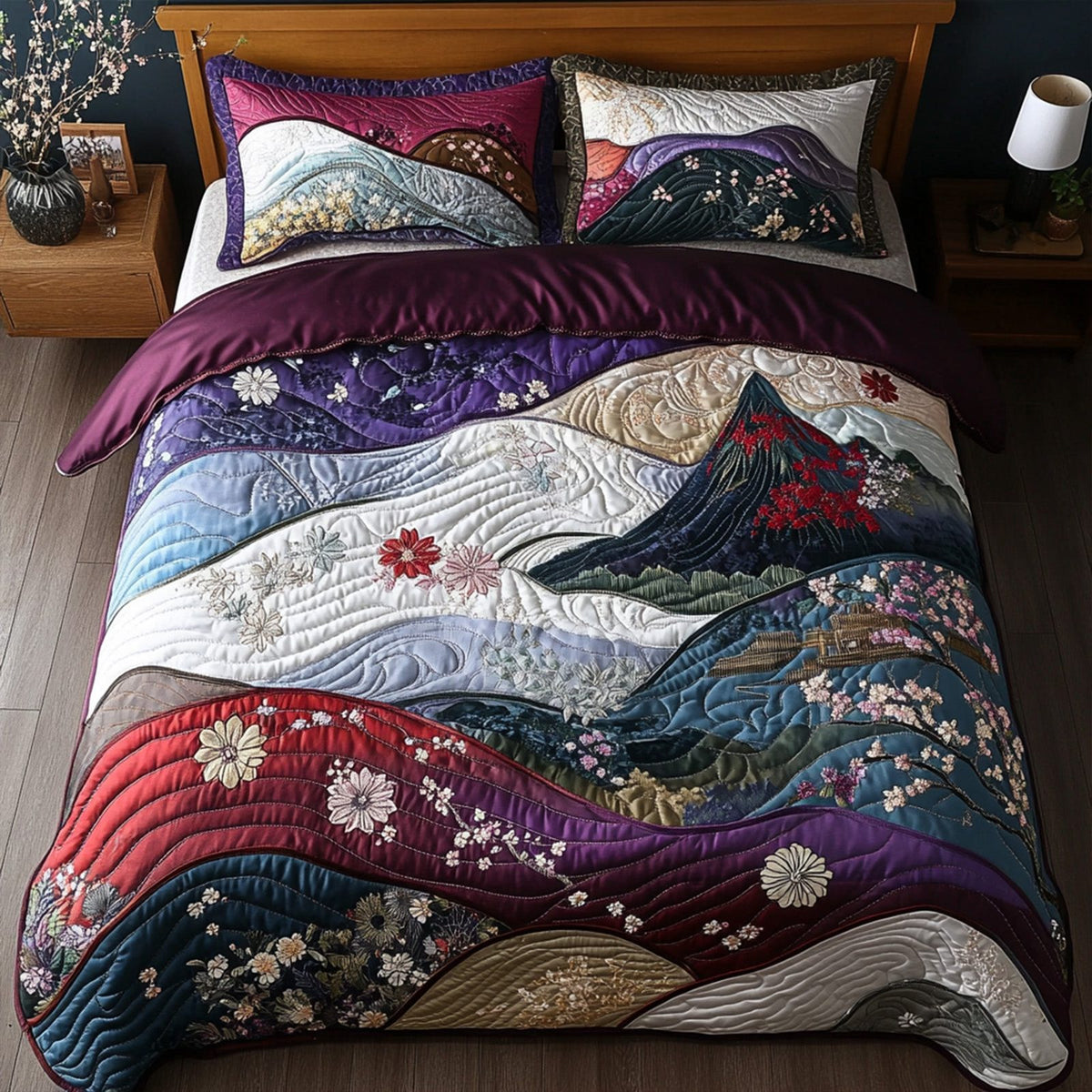 Misty Pavilion quilted 3-piece bedding set on a made bed with two matching pillow shams