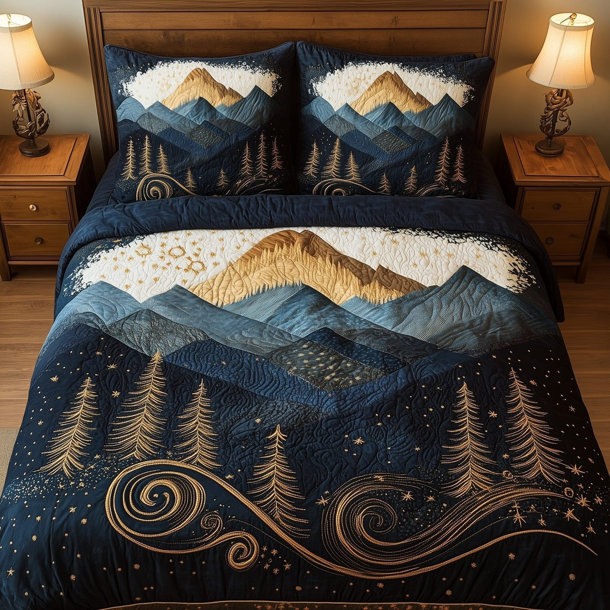 Misty Pine Forest quilted 3-piece bedding set on a made bed with two matching pillow shams