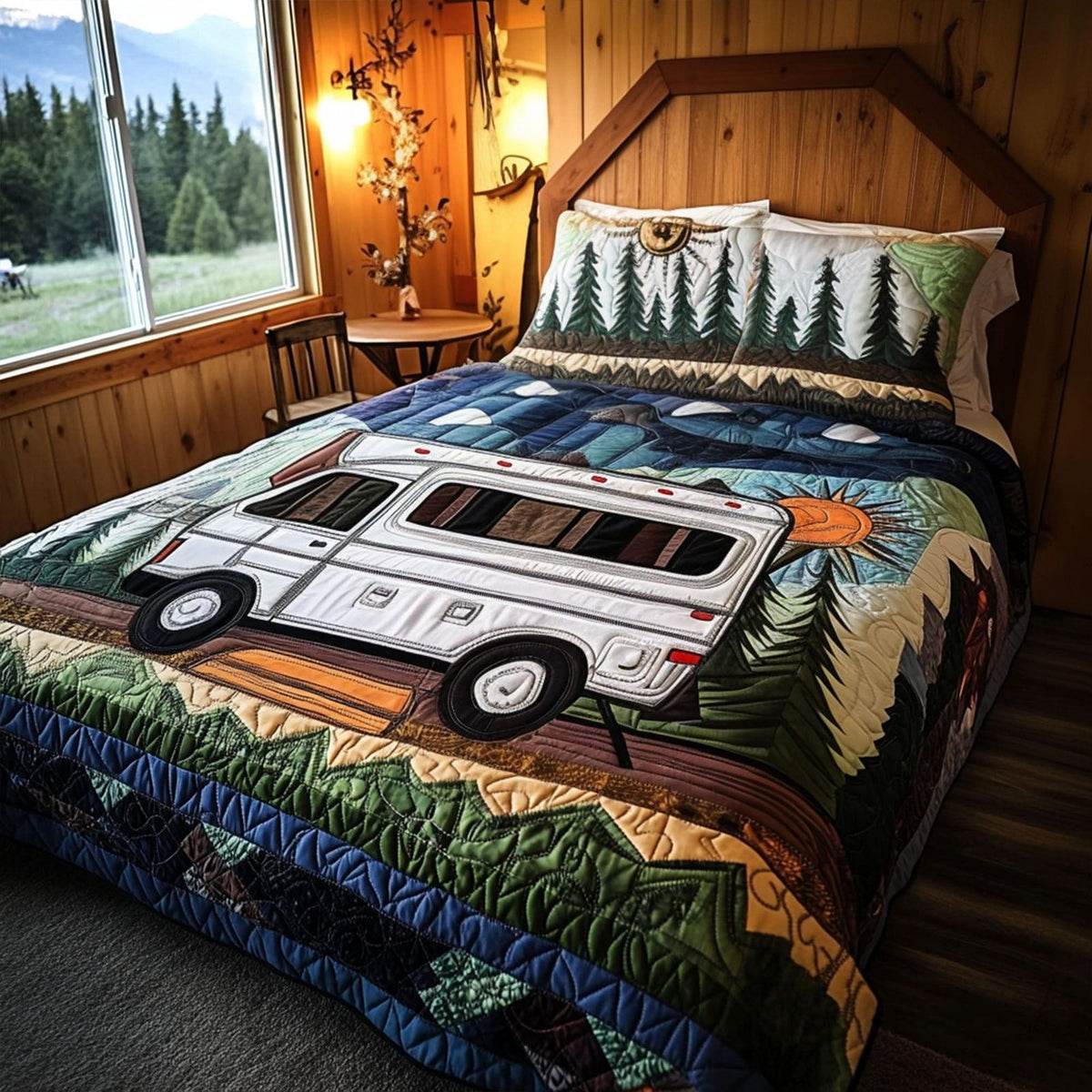 Mobile Escape quilted 3-piece bedding set on a made bed with two matching pillow shams