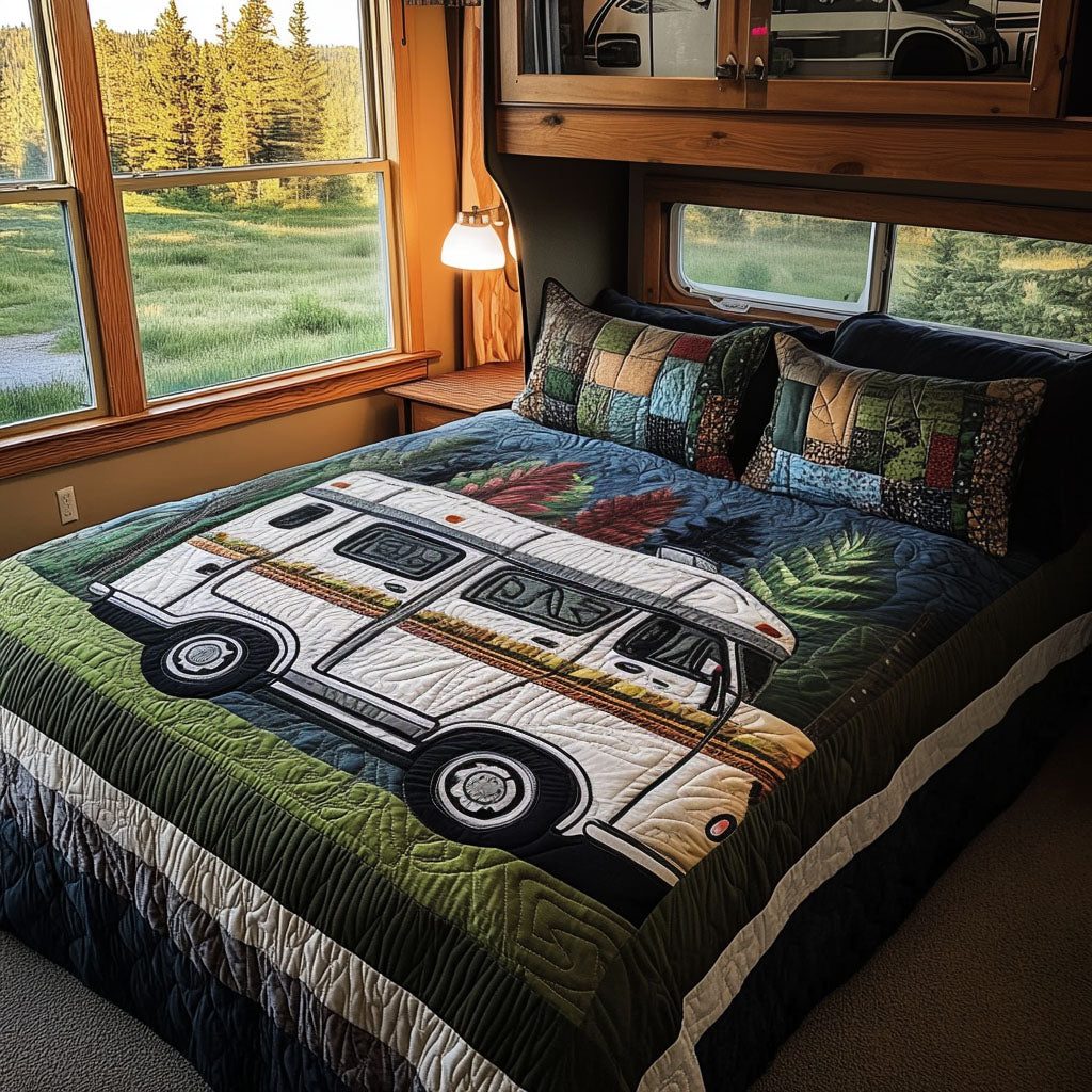 Mobile Memories quilted 3-piece bedding set on a made bed with two matching pillow shams