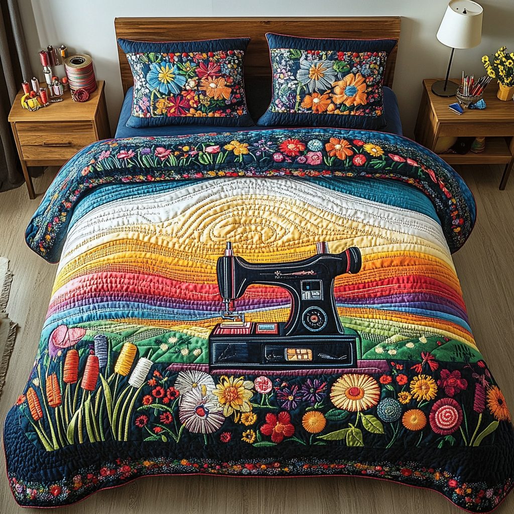 Modern Sewing Machine quilted 3-piece bedding set on a made bed with two matching pillow shams