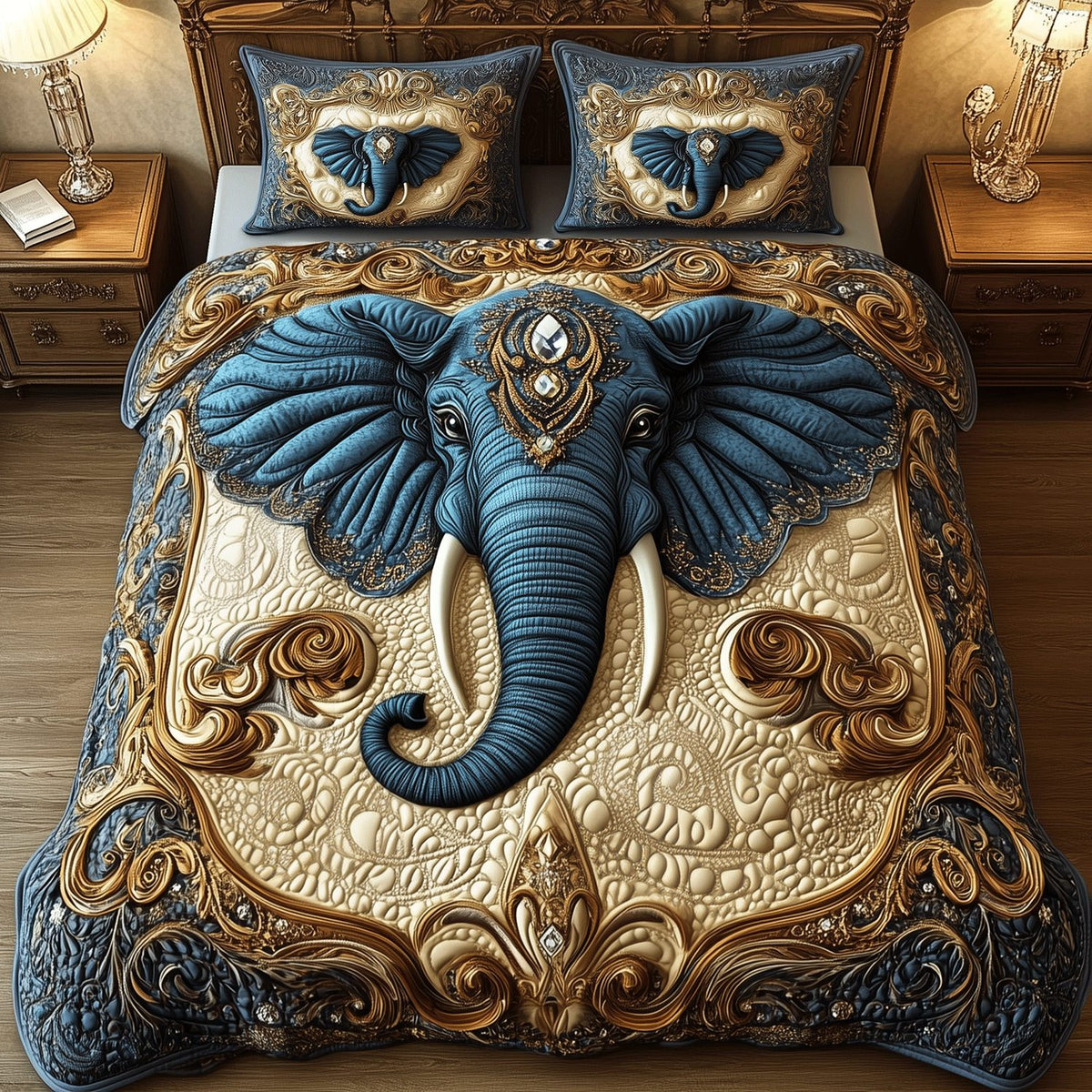 Monarch Elephant Haven quilted 3-piece bedding set on a made bed with two matching pillow shams