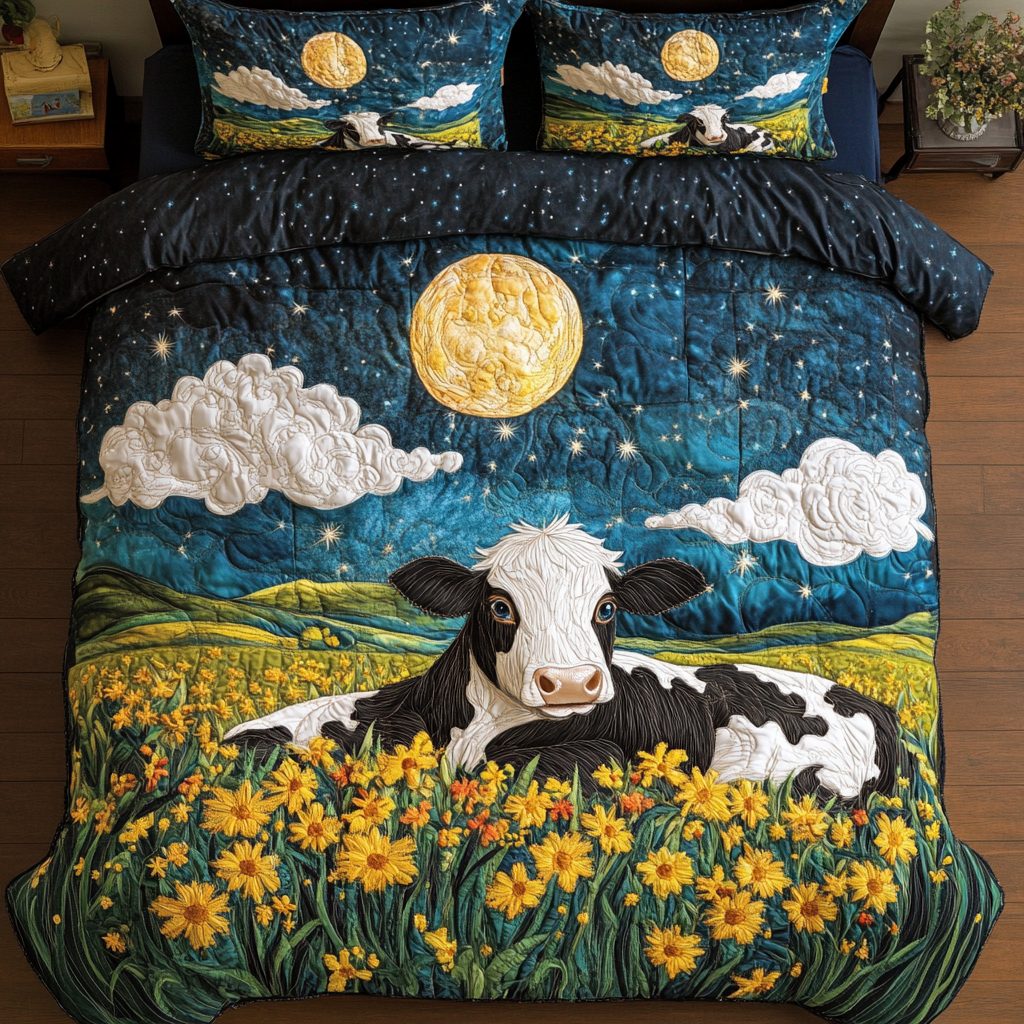 Moo Charm quilted 3-piece bedding set on a made bed with two matching pillow shams