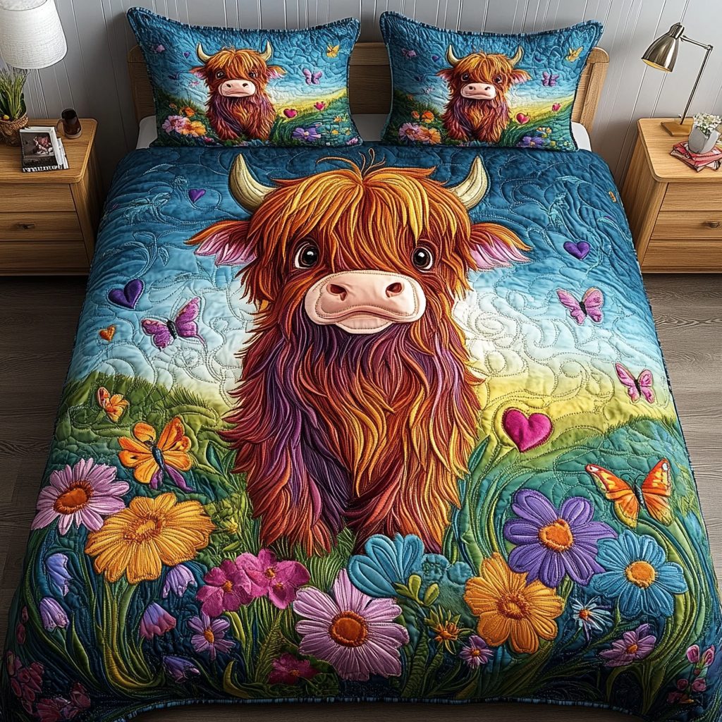 Moo Meadow quilted 3-piece bedding set on a made bed with two matching pillow shams