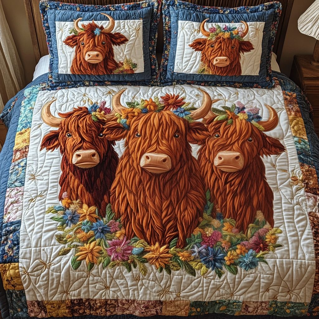 Moo Meadows quilted 3-piece bedding set on a made bed with two matching pillow shams