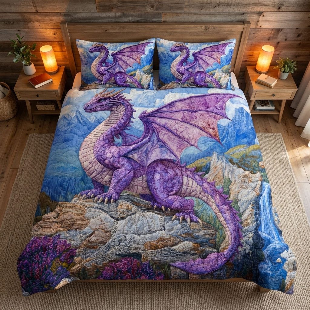 Moon Dragon quilted 3-piece bedding set on a made bed with two matching pillow shams