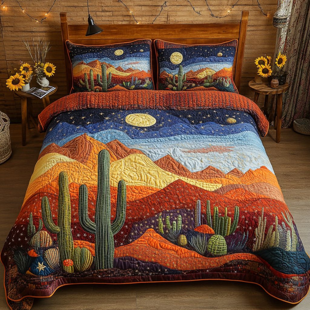 Moon Mirage quilted 3-piece bedding set on a made bed with two matching pillow shams