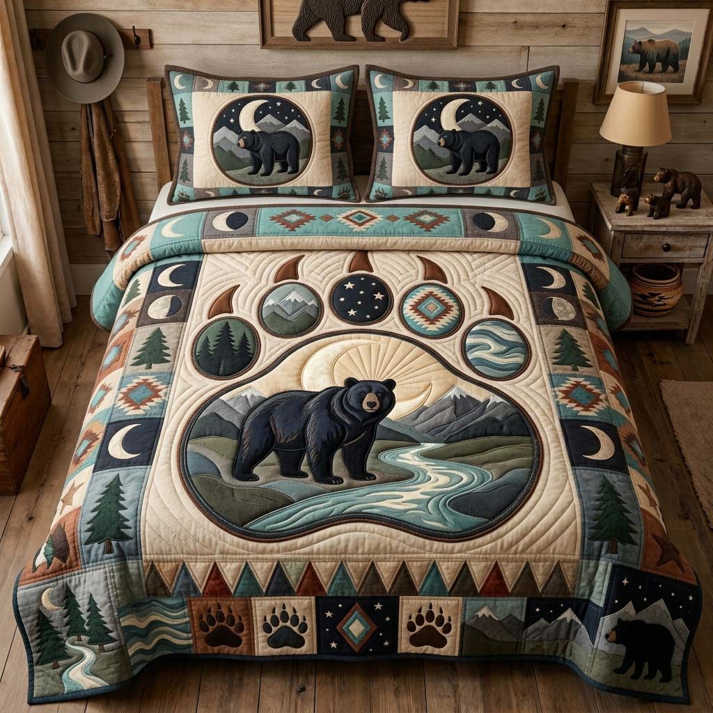 Moon River Bear quilted 3-piece bedding set on a made bed with two matching pillow shams