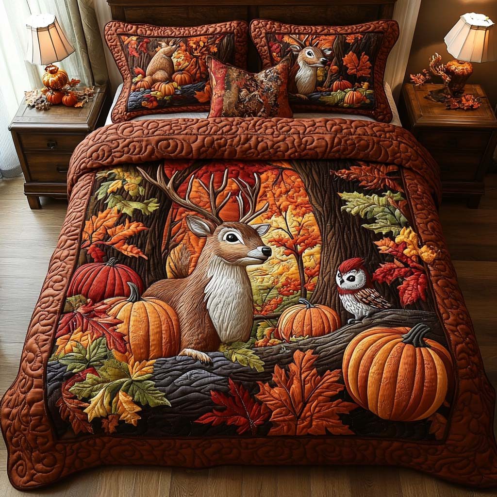 Moonlight Forest Walk quilted 3-piece bedding set on a made bed with two matching pillow shams