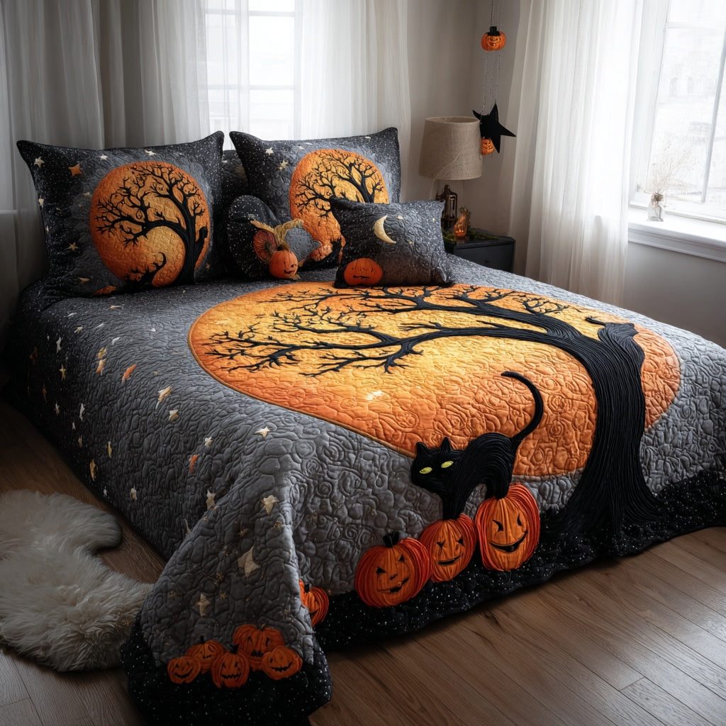 Moonlit Cat Night quilted 3-piece bedding set on a made bed with two matching pillow shams