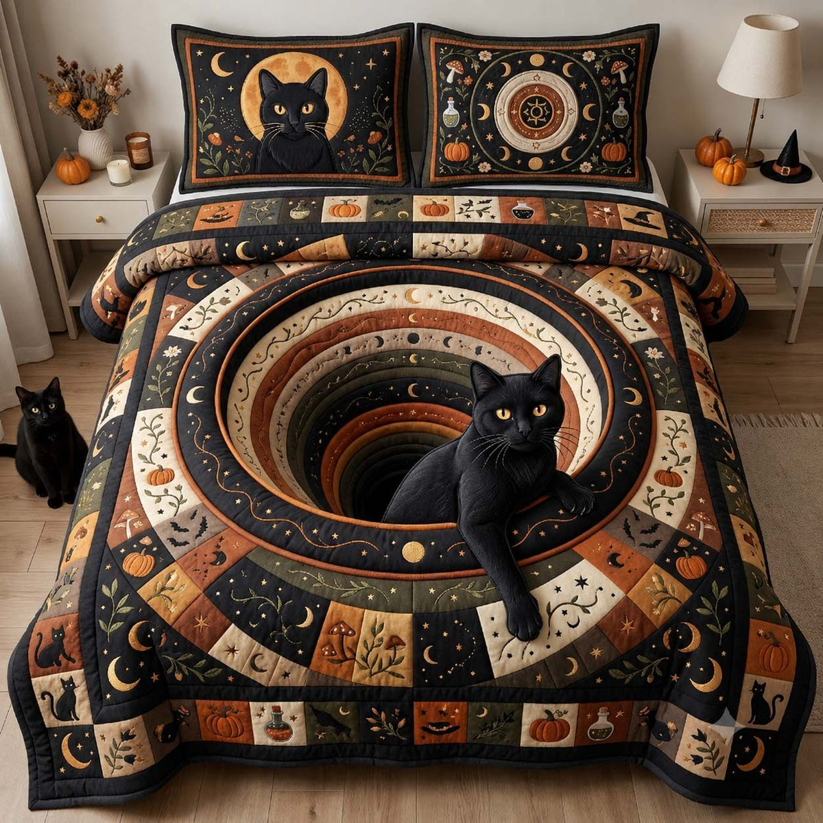 Moonlit Cat Well quilted 3-piece bedding set on a made bed with two matching pillow shams