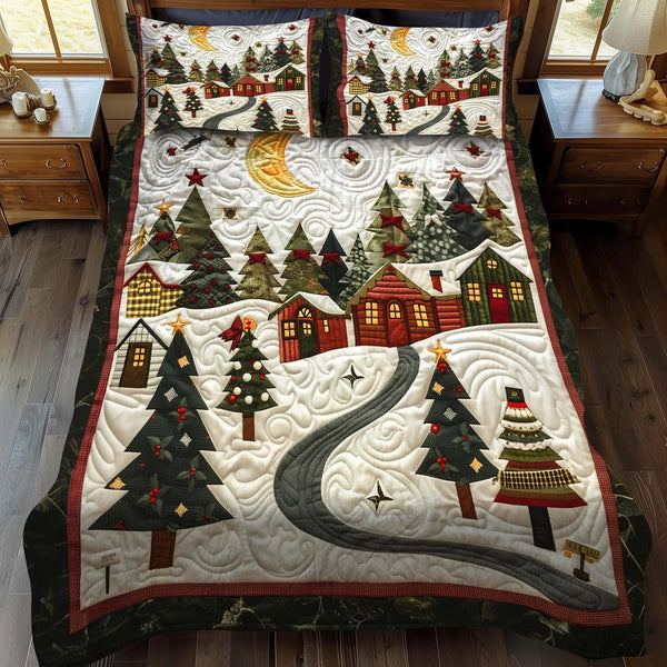 Moonlit Christmas Village quilted 3-piece bedding set on a made bed in a winter-styled bedroom