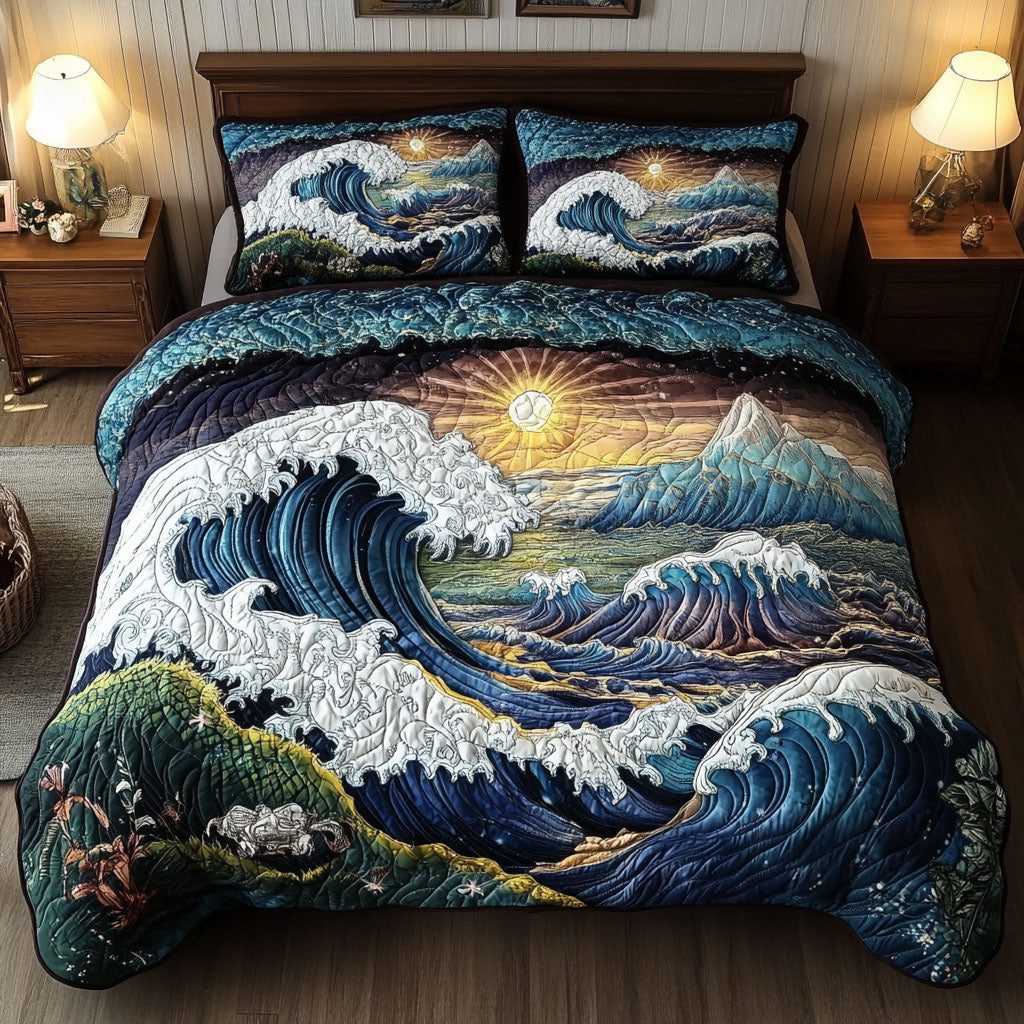Moonlit Currents quilted 3-piece bedding set on a made bed with two matching pillow shams