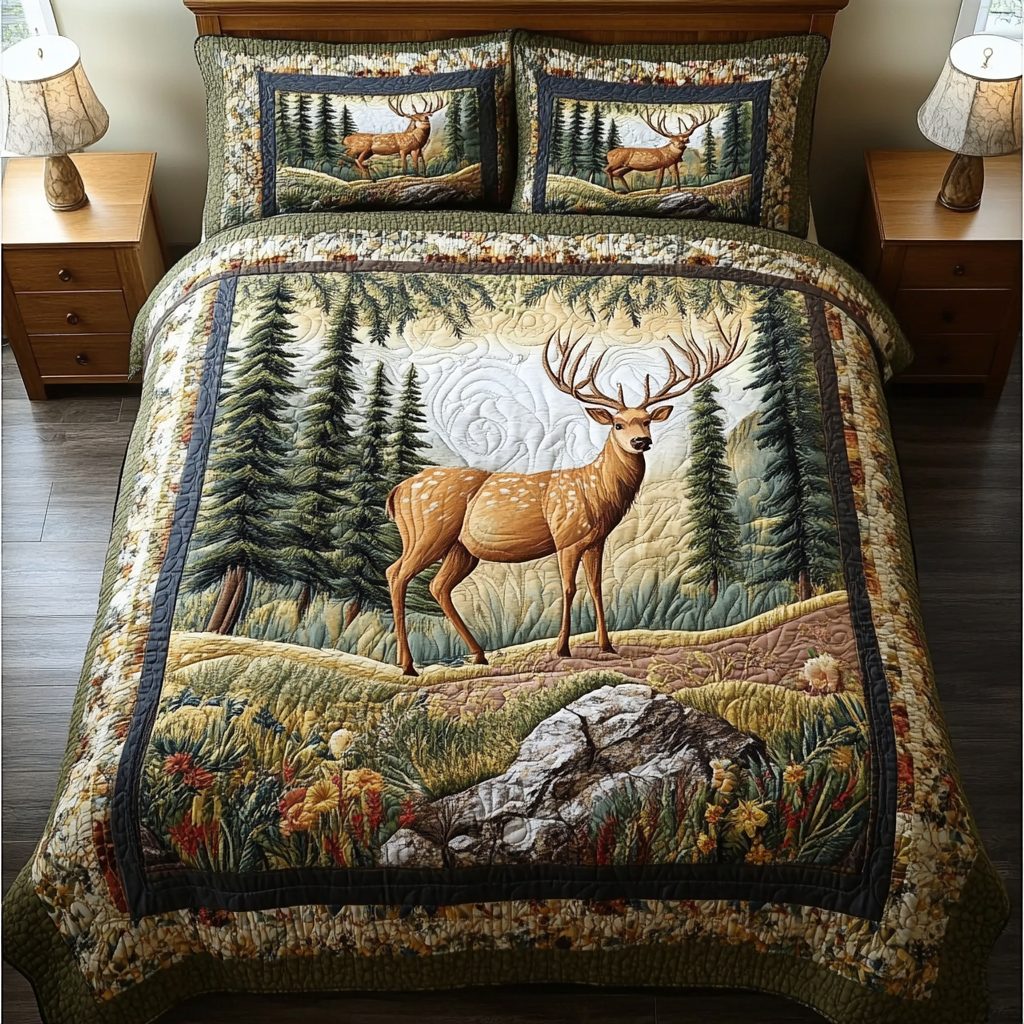 Moonlit Doe quilted 3-piece bedding set on a made bed with two matching pillow shams