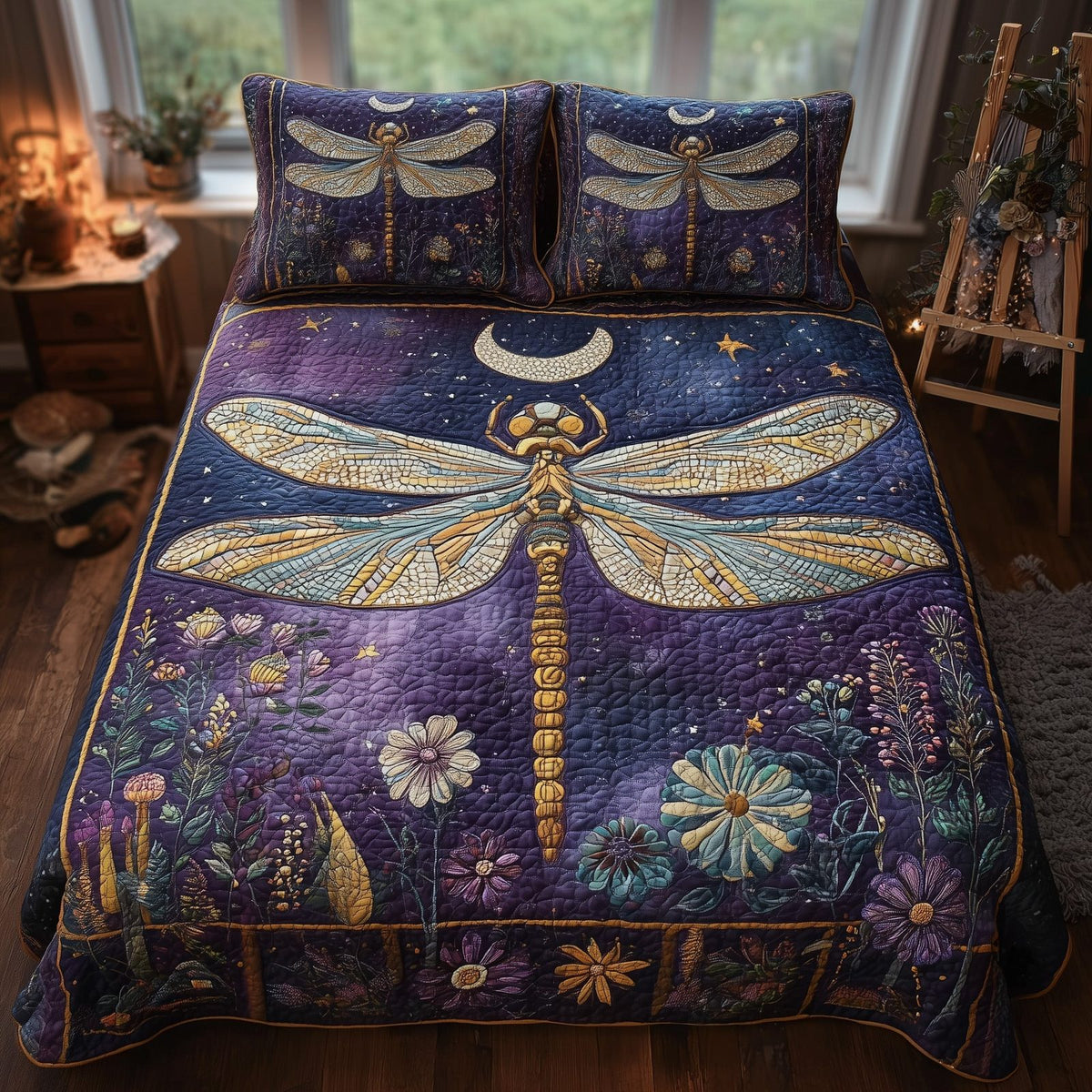 Moonlit Dragonfly quilted 3-piece bedding set on a made bed with two matching pillow shams